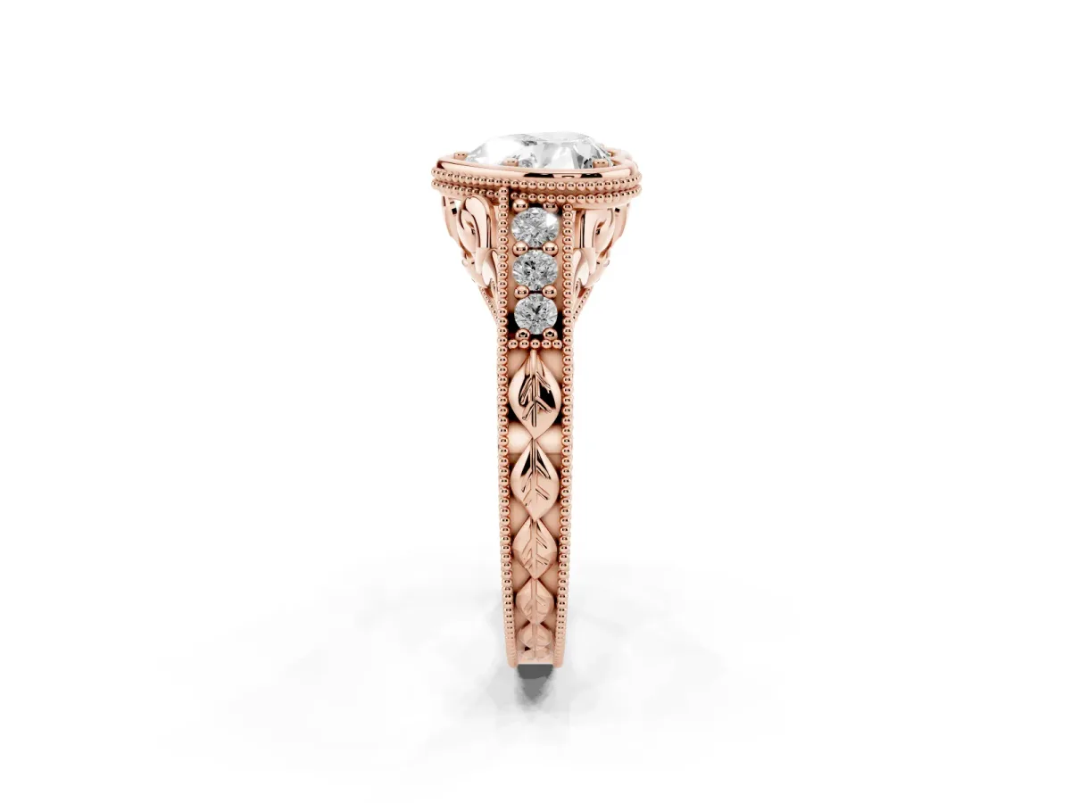 Bezel Set Heart Cut Diamond Milgrain Pave Engagement Ring Rose gold