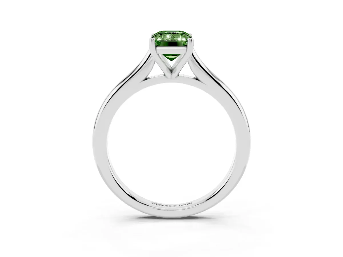 Fancy Green Emerald Cut Cut Solitaire Ring with Cathedral Band and Four-Prong Setting Platinum