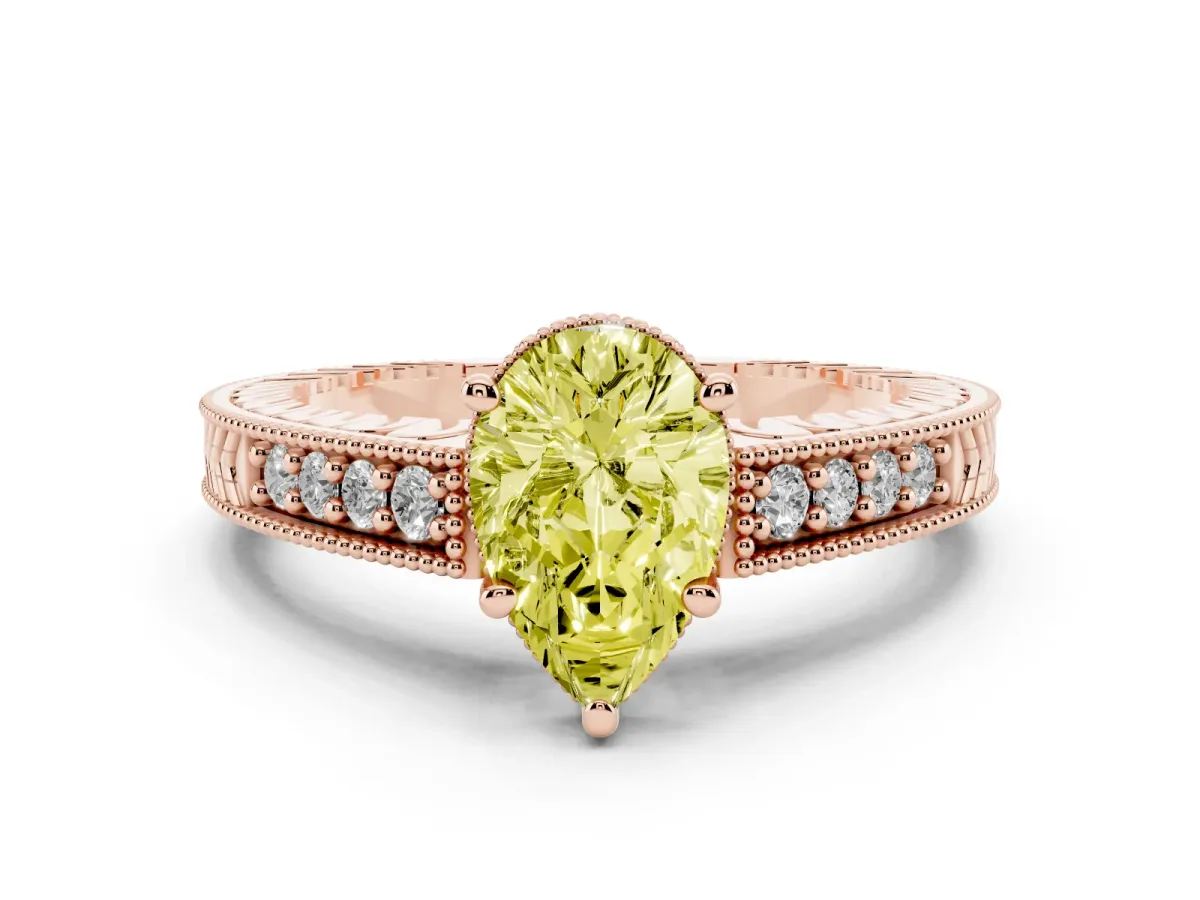 Fancy Yellow Pear Cut Solitaire Pavé Diamond Milgrain Engagement Ring with Four-Prong Setting Rose gold