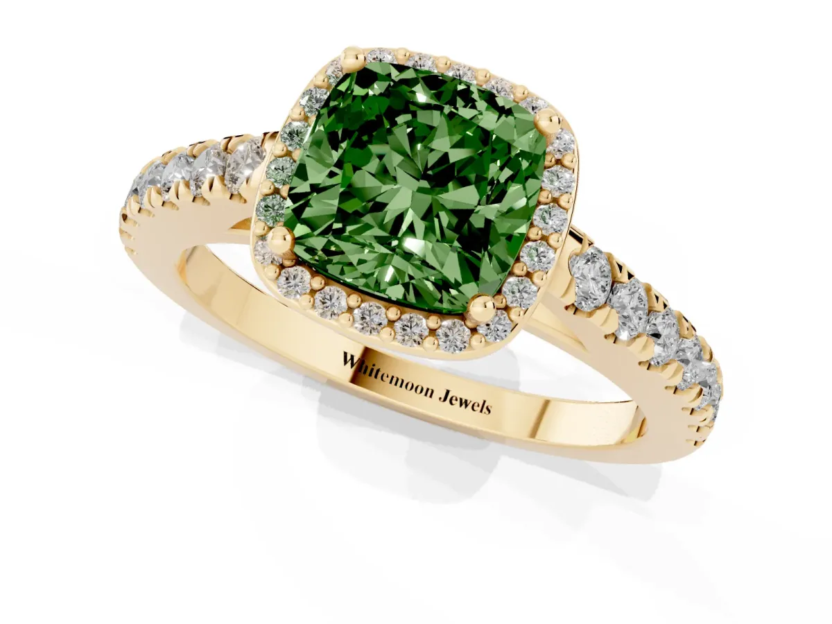 Fancy Green Cushion Cut Cut Halo Diamond Engagement Ring with Pave Band and Four-Prong Setting Yellow gold