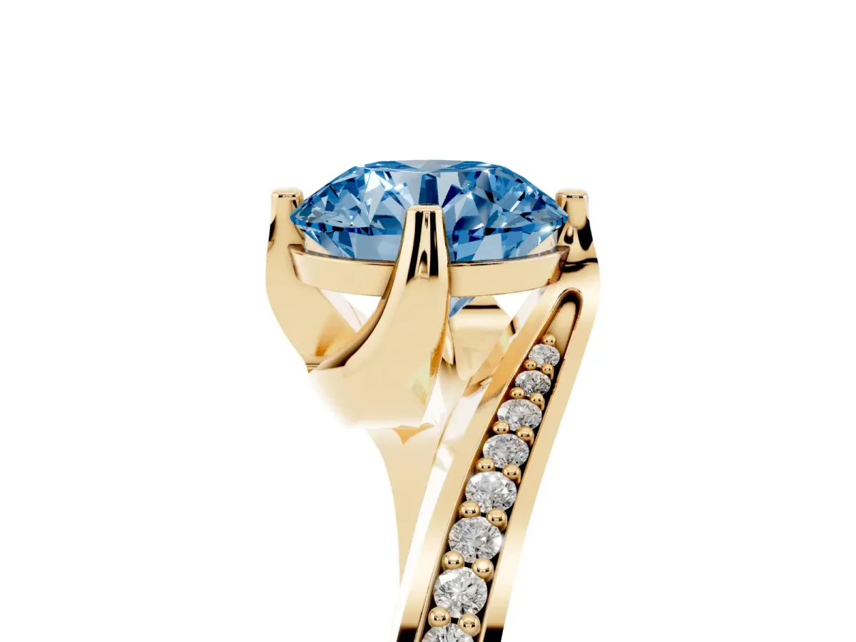 Fancy Blue Round Cut Solitaire Diamond Twist Band with Pavé Setting and Four-Prong Setting Yellow gold