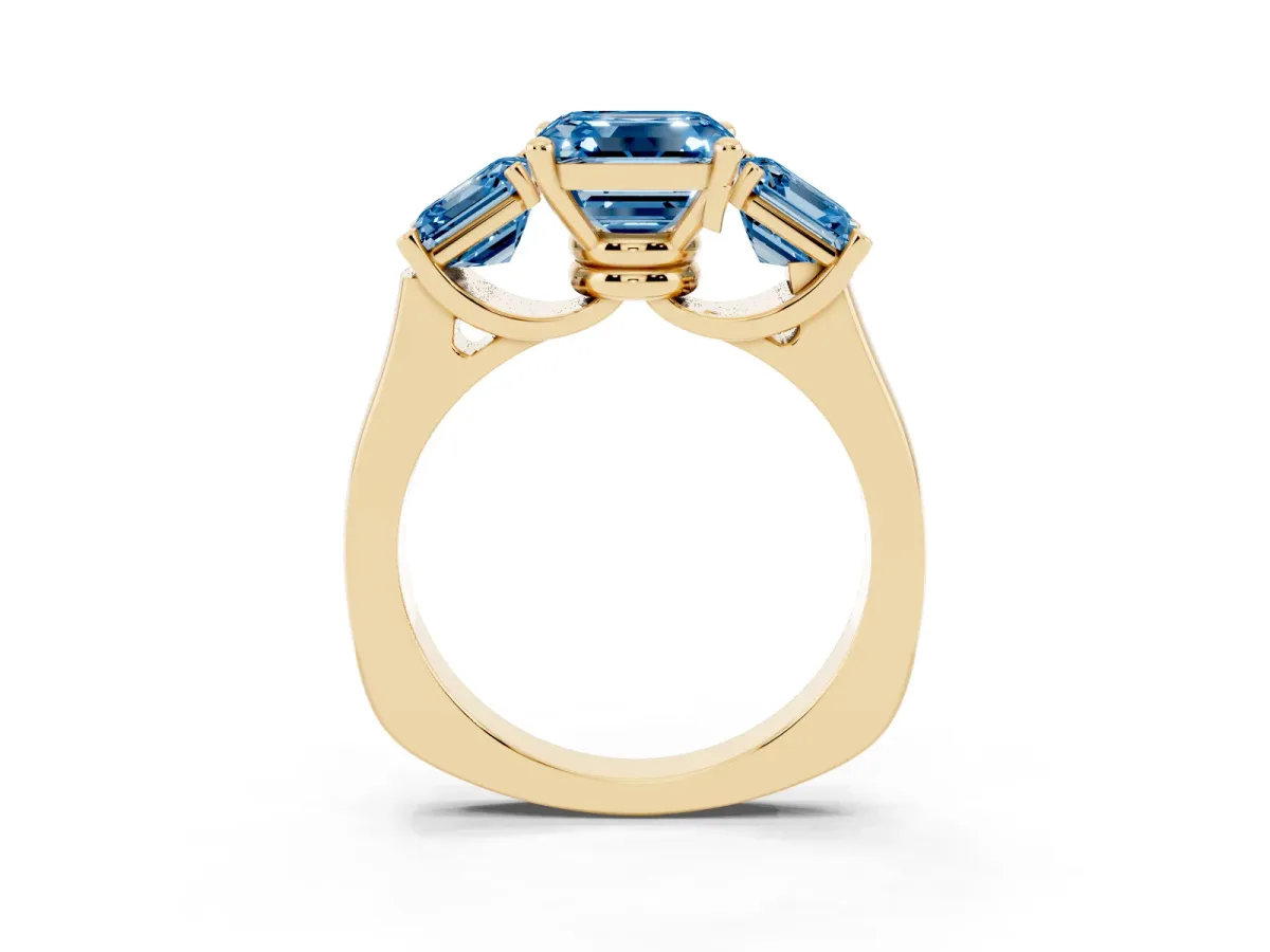 Fancy Blue Three-Stone Asscher Cut Brilliant Diamond Trellis Ring with Comfort Fit Band Yellow gold