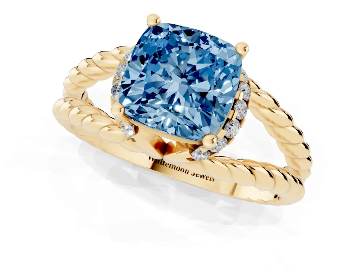 Fancy Blue Cushion Cut Halo Twisted Band Four-Prong Ring Yellow gold