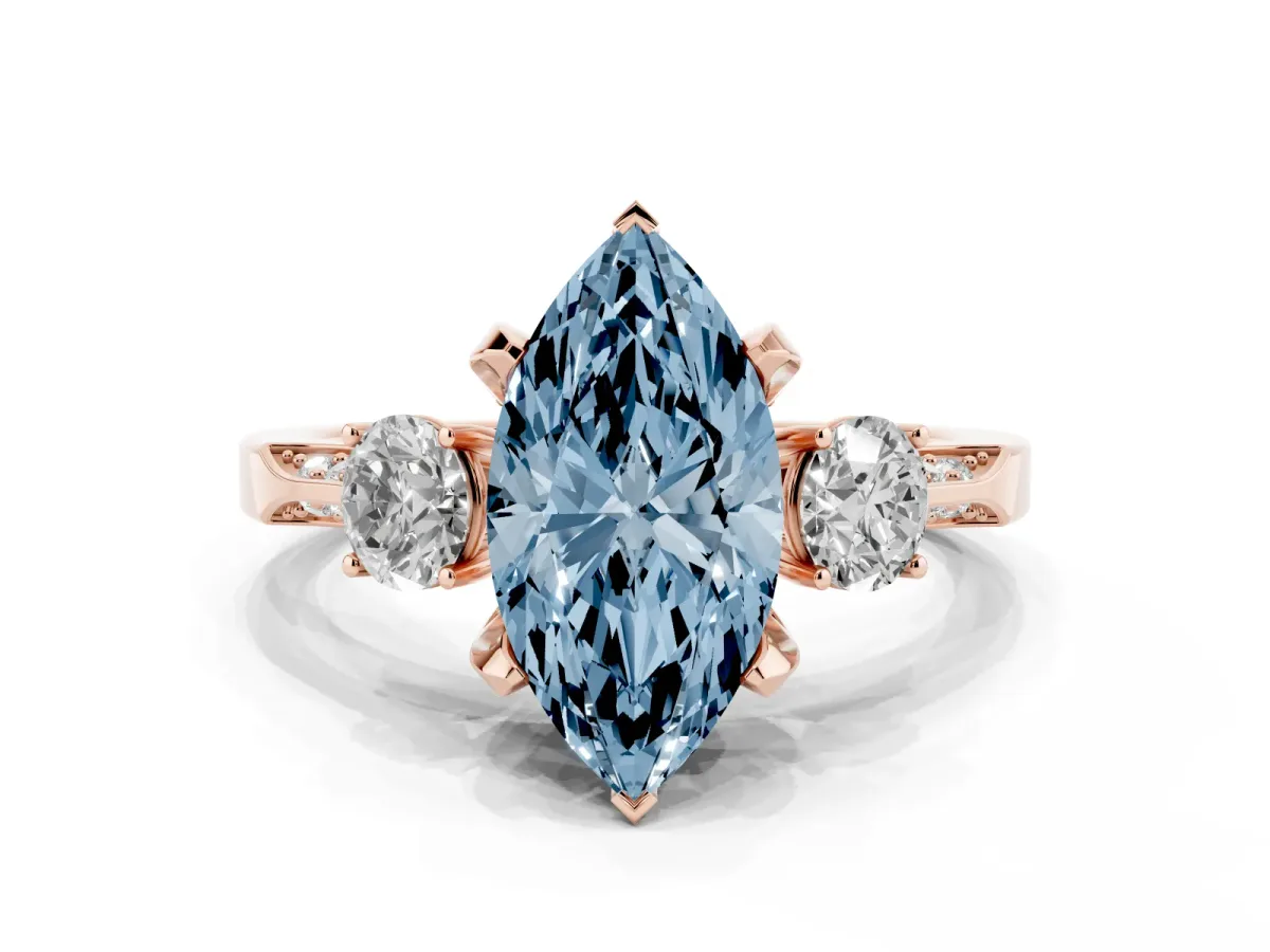 Fancy Blue Marquise Cut Brilliant Three-Stone Diamond Ring with Pavé Band and Four-Prong Setting Rose gold