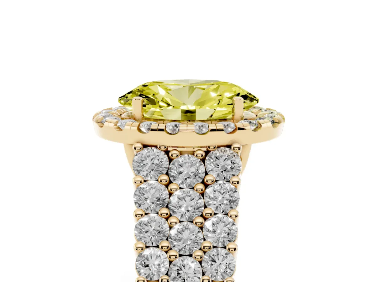 Fancy Yellow Oval Cut Diamond Halo Engagement Ring with Triple Row Round Pavé Band and Prong Setting Yellow gold