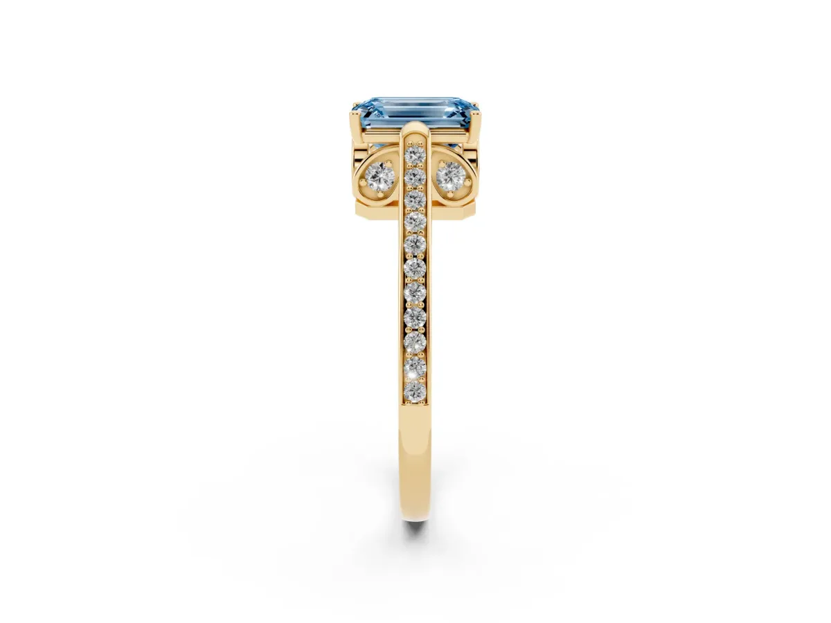 Fancy Blue Emerald Cut Cut Cathedral Pave Diamond Engagement Ring with Six-Prong Setting Yellow gold