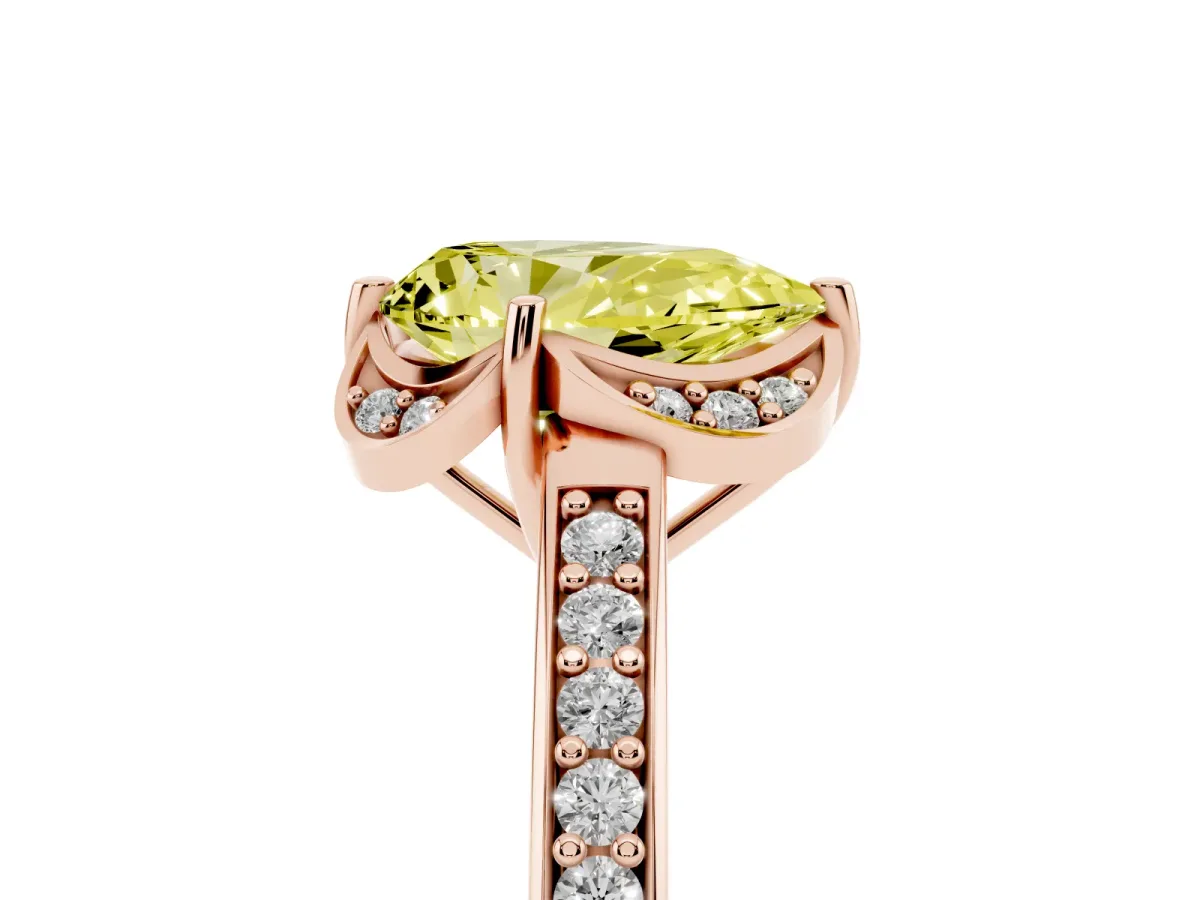 Fancy Yellow Pear Cut Cut Halo Diamond Ring with Channel Set Band and Four-Prong Setting Rose gold