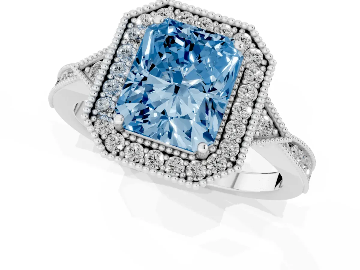 Fancy Blue Radiant Cut Halo Round Diamond Milgrain Pave Engagement Ring Platinum