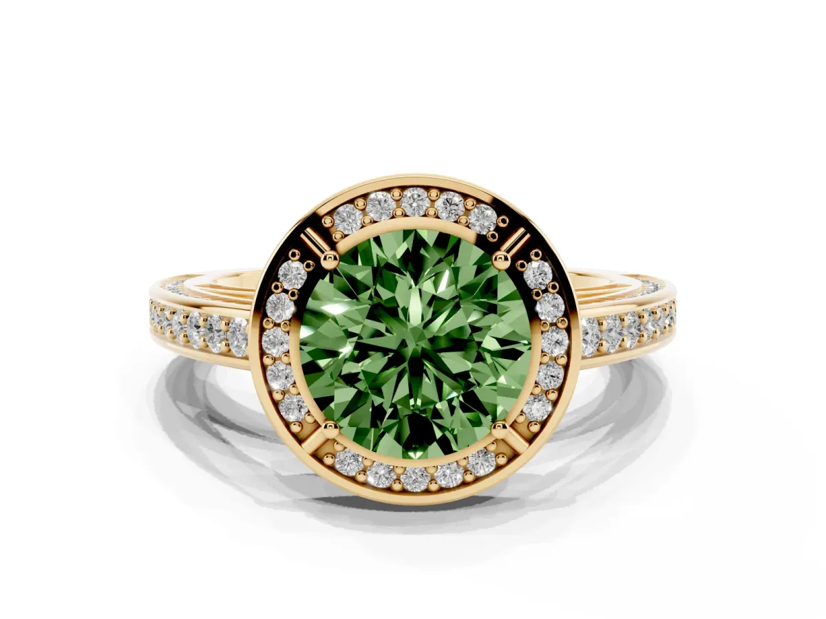 Fancy Green Round Cut Cut Halo Pave Split Shank Prong Setting Ring Yellow gold