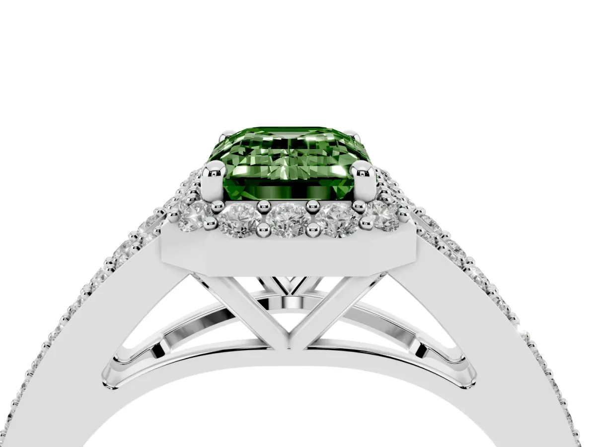 Fancy Green Emerald Cut Halo Split Shank Diamond Ring with Prong Setting Platinum