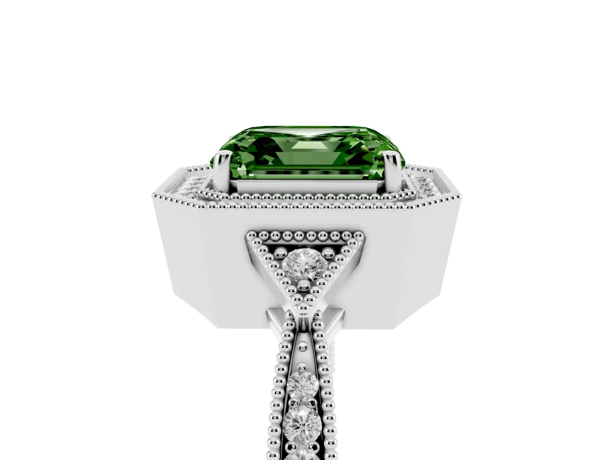 Fancy Green Asscher Cut Halo Round Diamond Milgrain Pave Engagement Ring Silver
