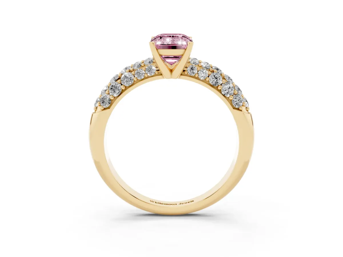 Fancy Pink Emerald Cut Diamond Pavé Band Solitaire Ring with Four-Prong Setting Yellow gold