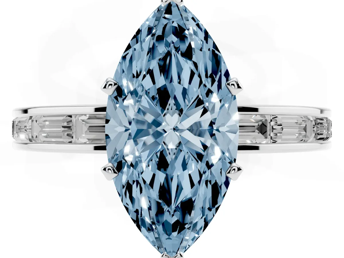 Fancy Blue Marquise Cut Solitaire Diamond Ring with Channel-Set Baguette Band and Four-Prong Setting White gold