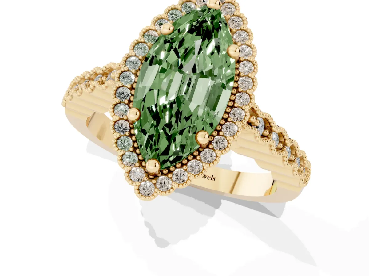 Fancy Green Marquise Cut Cut Halo Pavé Solitaire Ring with Milgrain Band Yellow gold