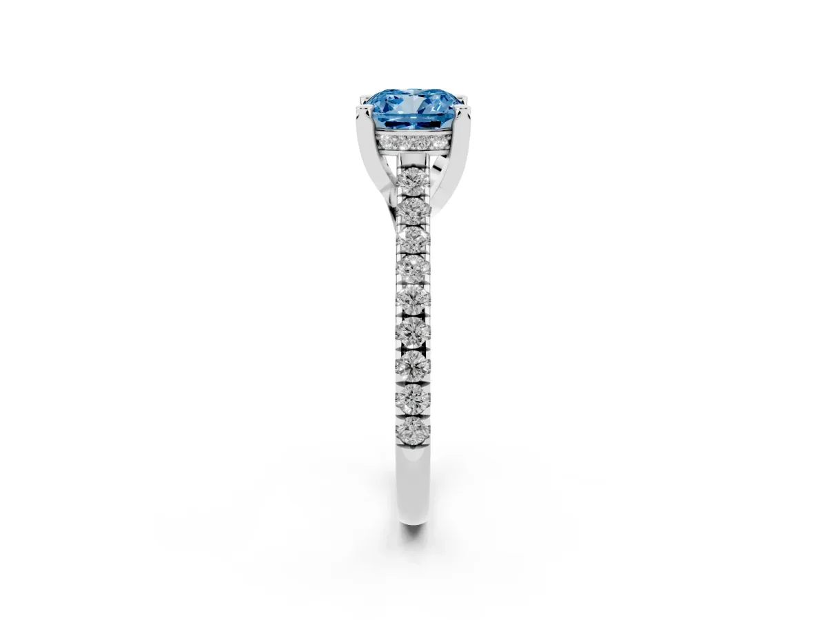 Fancy Blue Cushion Cut Brilliant Diamond Solitaire with Pavé Band and Four-Prong Setting Platinum