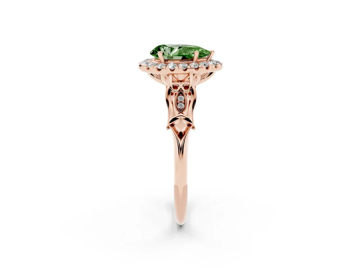 Fancy Green Pear Cut Halo Diamond Engagement Ring with Filigree Band and Four-Prong Setting Rose gold