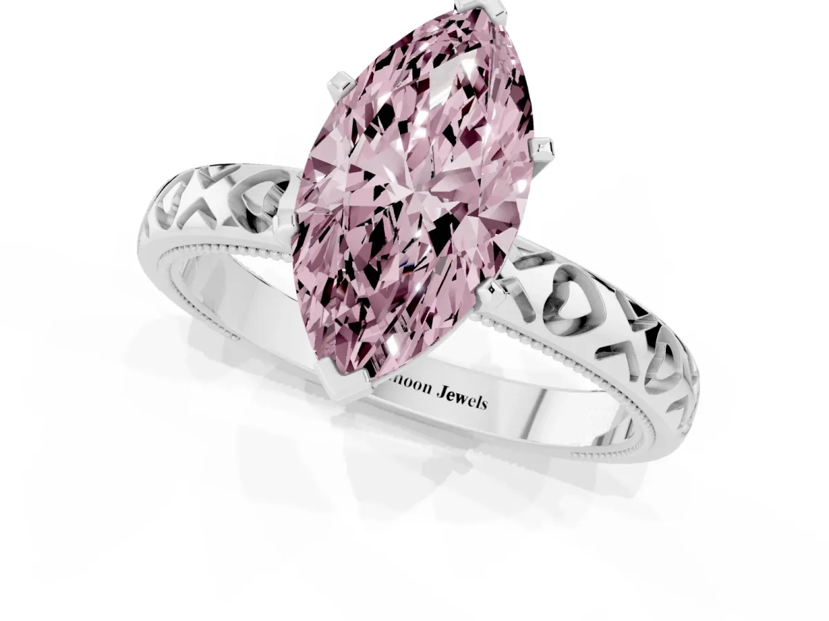 Fancy Pink Marquise Cut Solitaire Diamond Engagement Ring with XO Engraved Band and Four-Prong Setting White gold