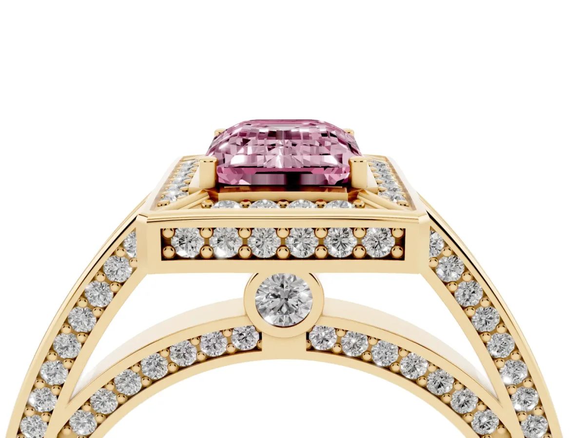 Fancy Pink Emerald Cut Cut Halo Pave Split Shank Prong Setting Ring Yellow gold
