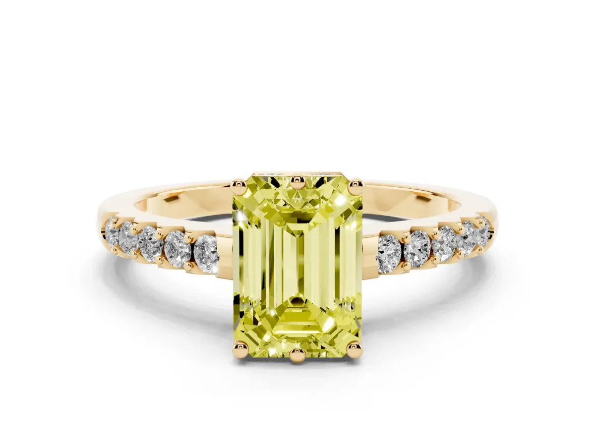 Fancy Yellow Emerald Cut Solitaire Diamond Engagement Ring with Pavé Band and Six-Prong Setting Yellow gold