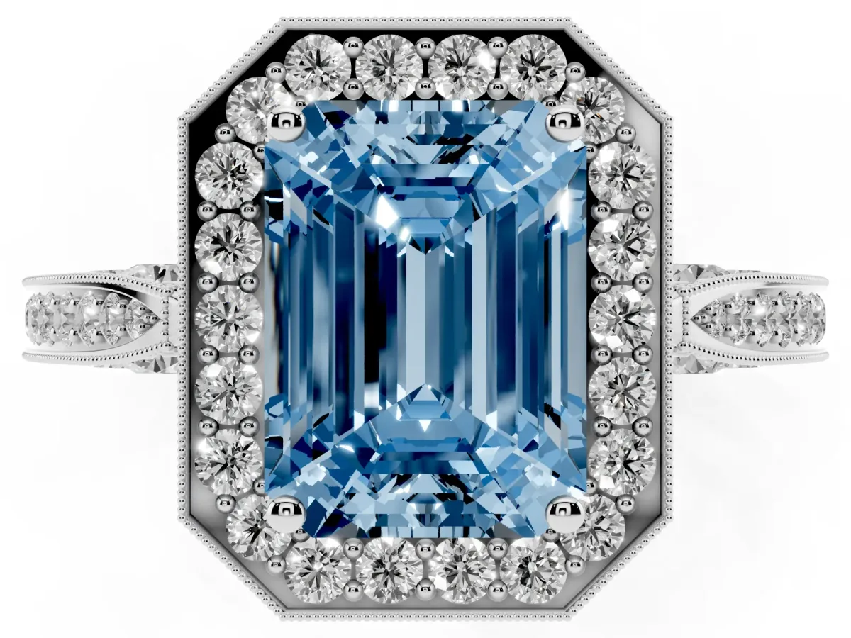 Fancy Blue Emerald Cut Halo Diamond Engagement Ring with Split Shank Band and Four-Prong Setting Silver