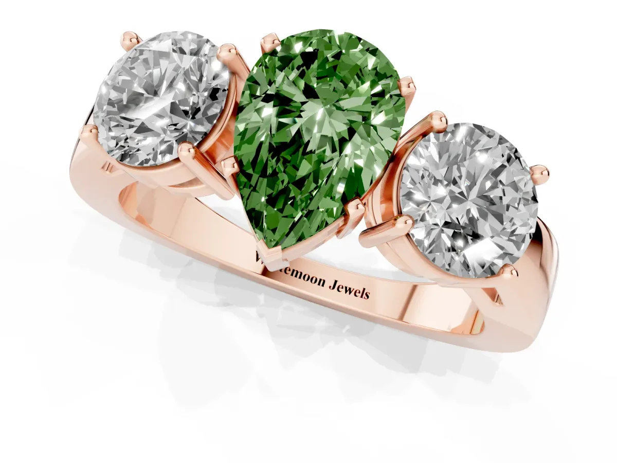 Fancy Green Three-Stone Pear Cut Diamond Ring with Round Side Stones, Classic Band, and Four-Prong Setting Rose gold