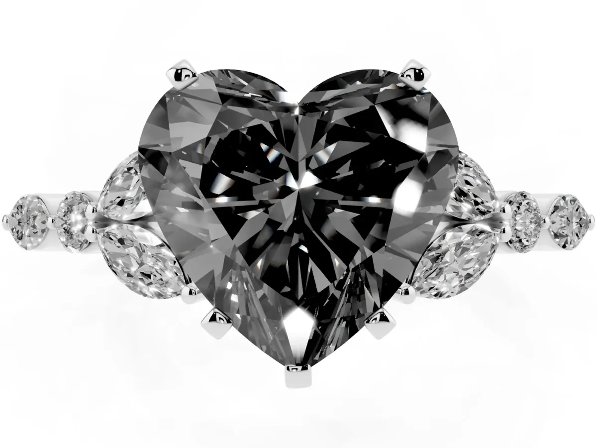 Fancy Black Heart Cut Diamond Solitaire Ring with Side Stones and Four-Prong Setting Silver