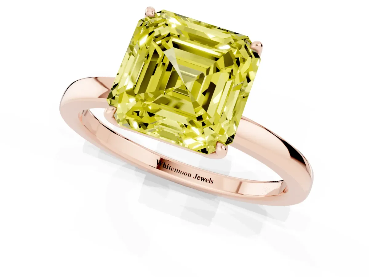 Fancy Yellow Asscher Cut Diamond Solitaire Ring with Thin Band and Prong Setting Rose gold