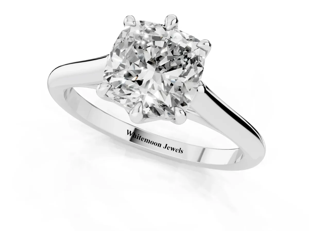 Cushion Cut Solitaire Engagement Ring with Six-Prong Setting and Classic Band Silver