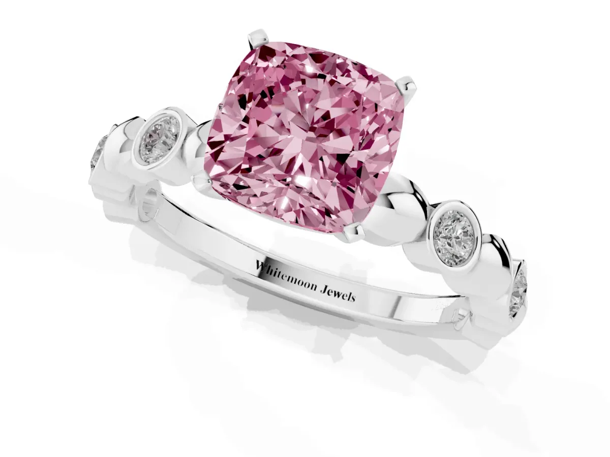 Fancy Pink Cushion Cut Solitaire Bezel-Set Diamond Ring with Beaded Band and Four-Prong Setting Silver