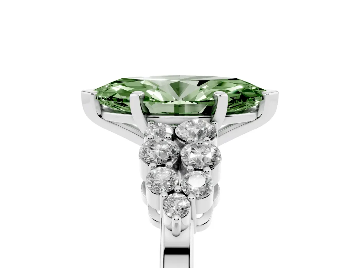Fancy Green Marquise Cut Cluster Diamond Engagement Ring with Pavé Band and Four-Prong Setting White gold