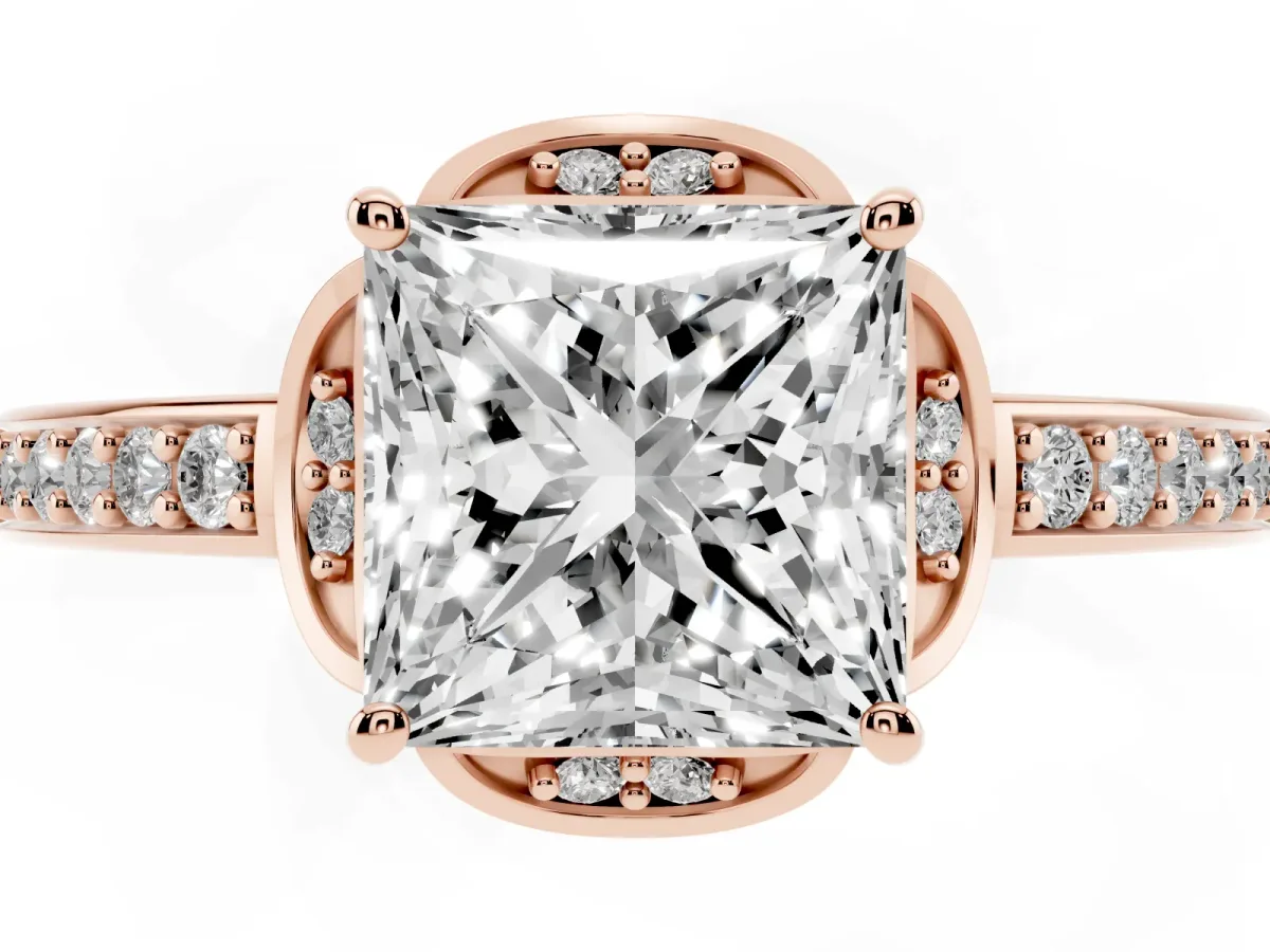 Princess Cut Cut Halo Diamond Ring with Channel Set Band and Four-Prong Setting Rose gold