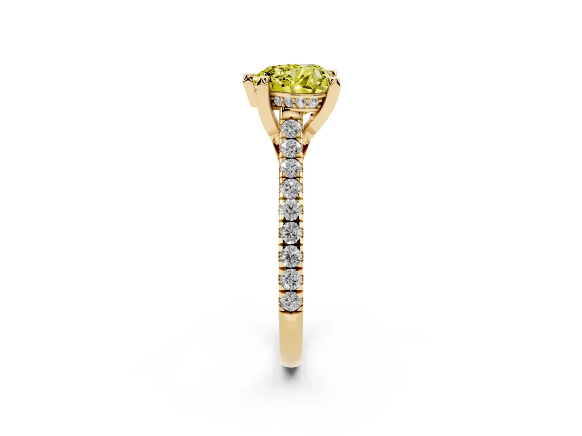 Fancy Yellow Heart Cut Brilliant Diamond Solitaire with Pavé Band and Four-Prong Setting Yellow gold