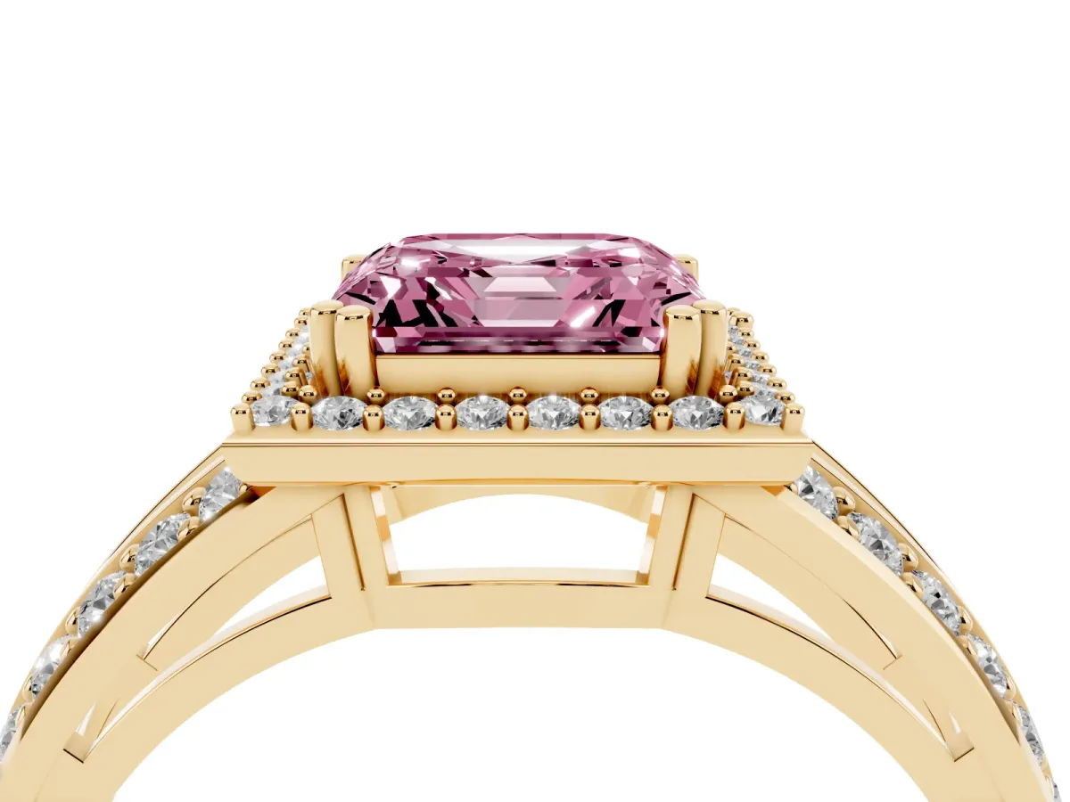 Fancy Pink Asscher Cut Diamond Halo Ring with Split Shank Pavé Band and Four-Prong Setting Yellow gold