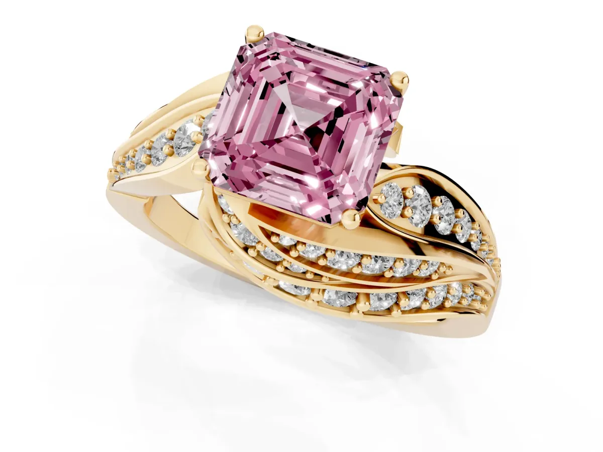 Fancy Pink Asscher Cut Diamond Solitaire Ring with Prong Setting and Twisted Pavé Band Yellow gold