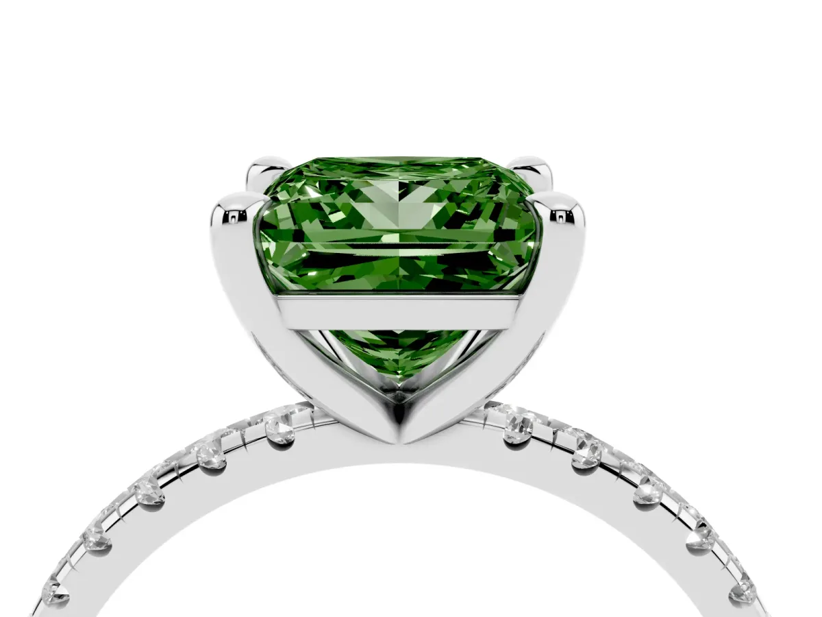 Fancy Green Princess Cut Diamond Brilliant Solitaire Ring with Pavé Band and Four-Prong Setting Platinum
