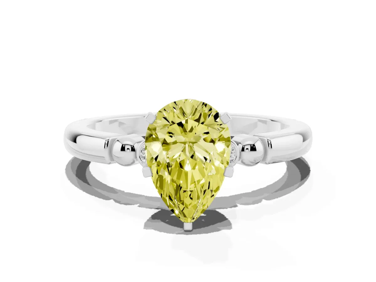 Fancy Yellow Pear Cut Solitaire Beaded Band with Four-Prong Setting Platinum