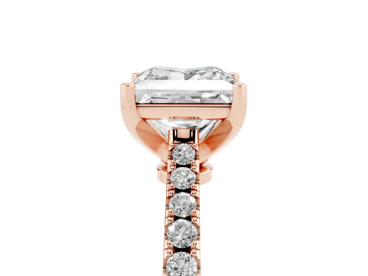 Princess Cut Cut Solitaire Diamond Engagement Ring with Pave Band and Four-Prong Setting Rose gold