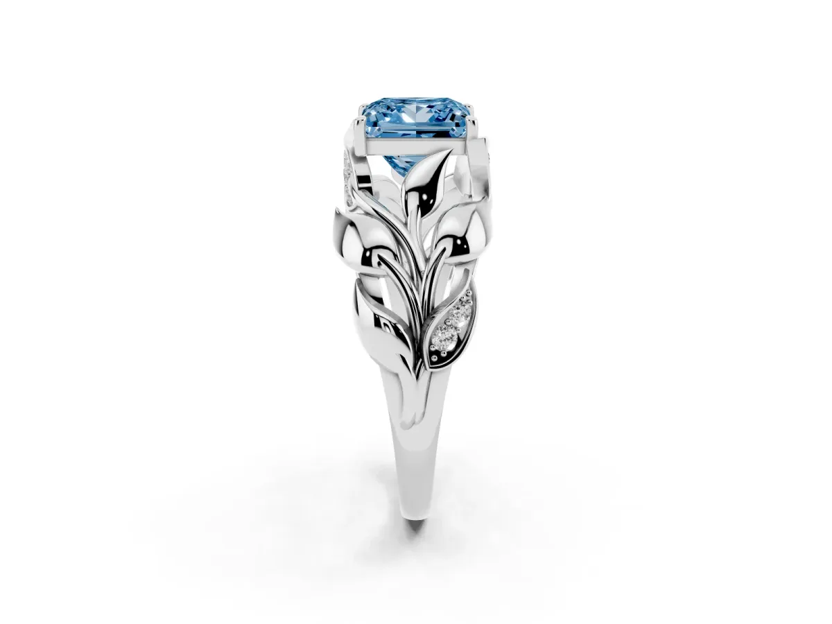 Fancy Blue Princess Cut Diamond Leaf-Inspired Engagement Ring with Round Accents and Prong Setting White gold
