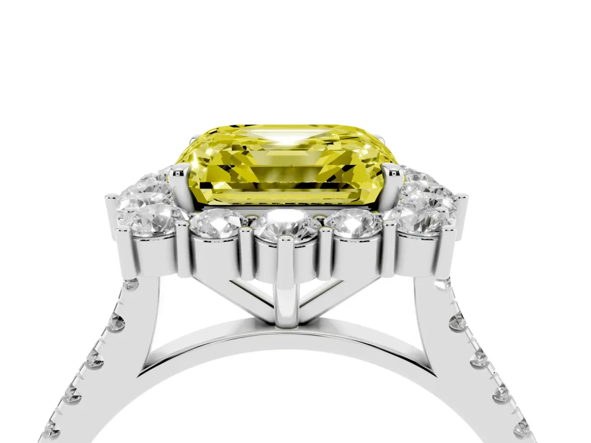 Fancy Yellow Asscher Cut Halo Diamond Ring with Pavé Band and Prong Setting Silver