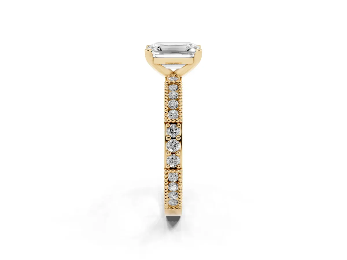 Emerald Cut Solitaire with Pavé Band and Four-Prong Setting Yellow gold