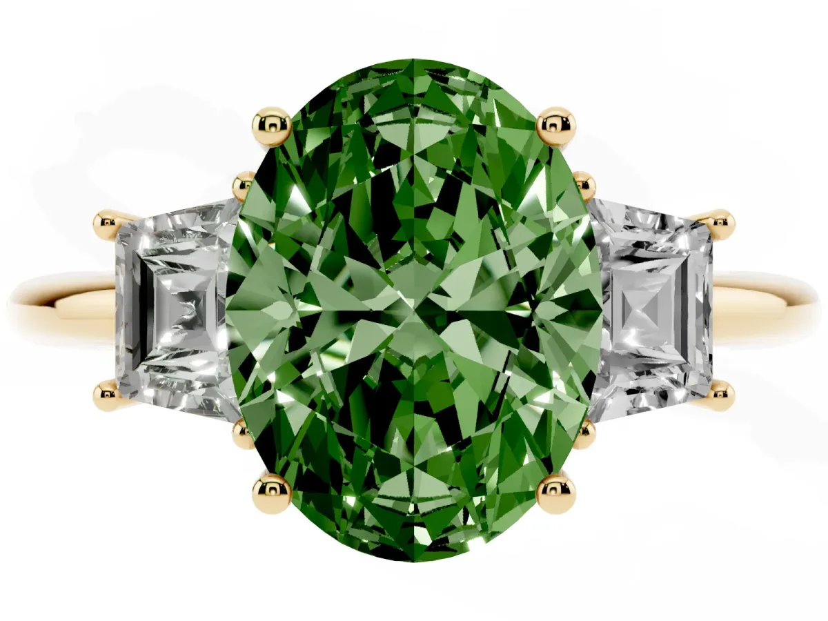 Fancy Green Oval Cut Diamond Three-Stone Ring with Trapezoid Side Stones and Prong Setting Yellow gold