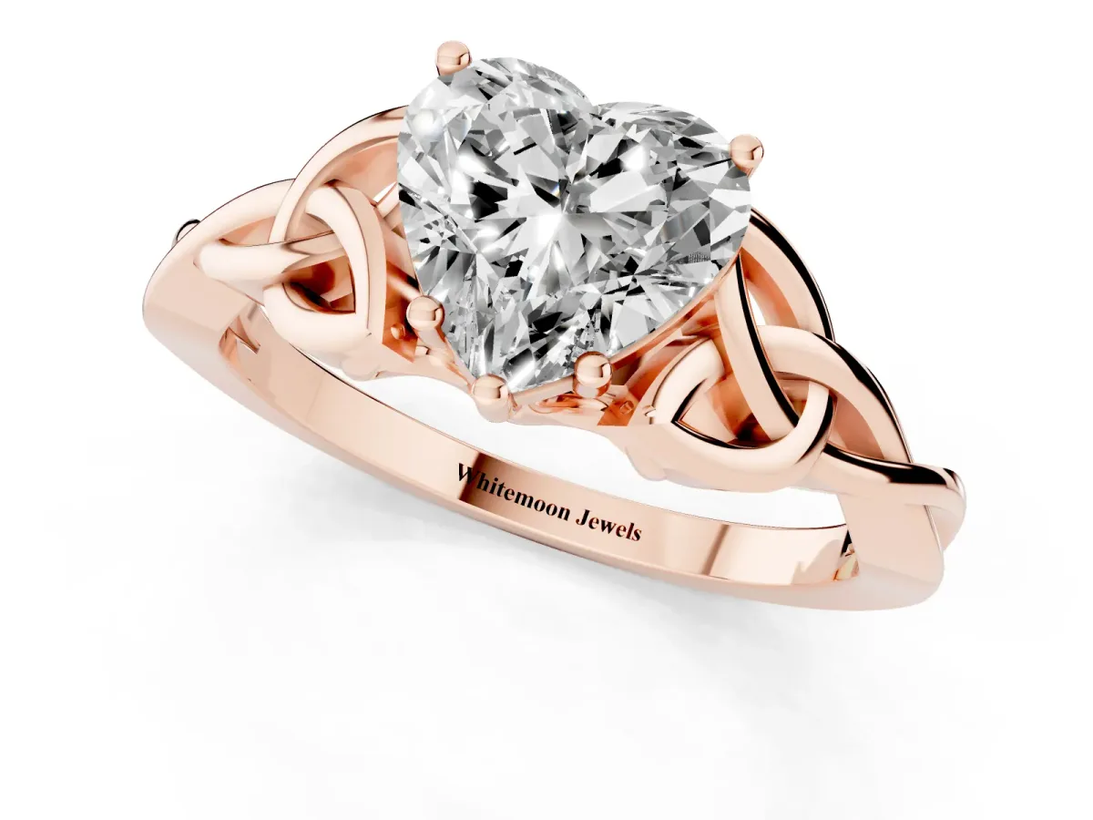 Heart Cut Diamond Solitaire Engagement Ring with Celtic Knot Band and Four-Prong Setting Rose gold