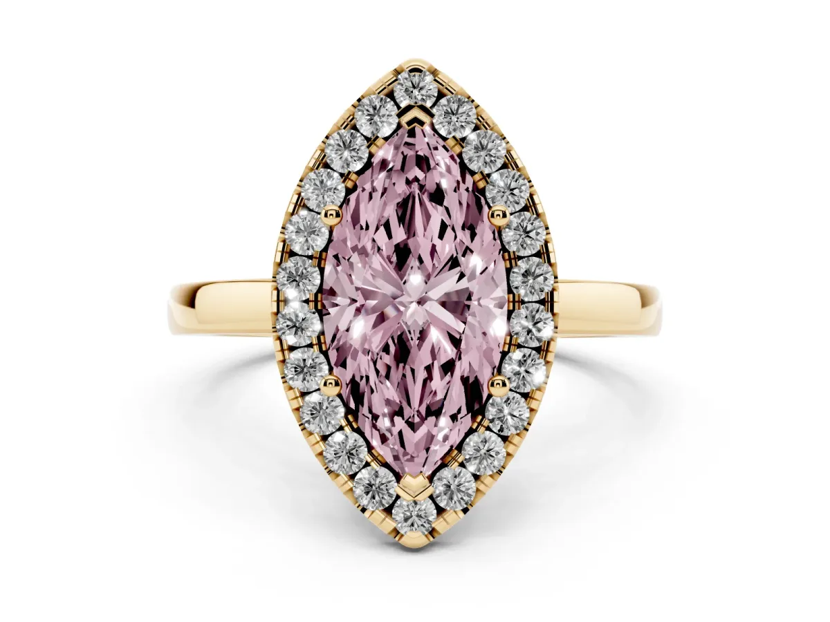 Fancy Pink Marquise Cut Halo Diamond Solitaire with Pavé Band and Four-Prong Setting Yellow gold