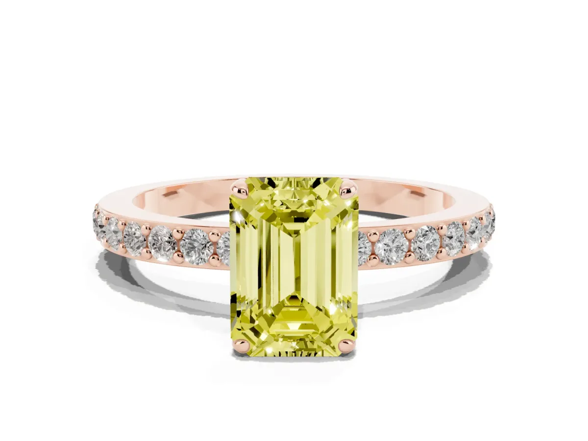 Fancy Yellow Emerald Cut Diamond Solitaire Engagement Ring with Pavé Band and Four-Prong Setting Rose gold