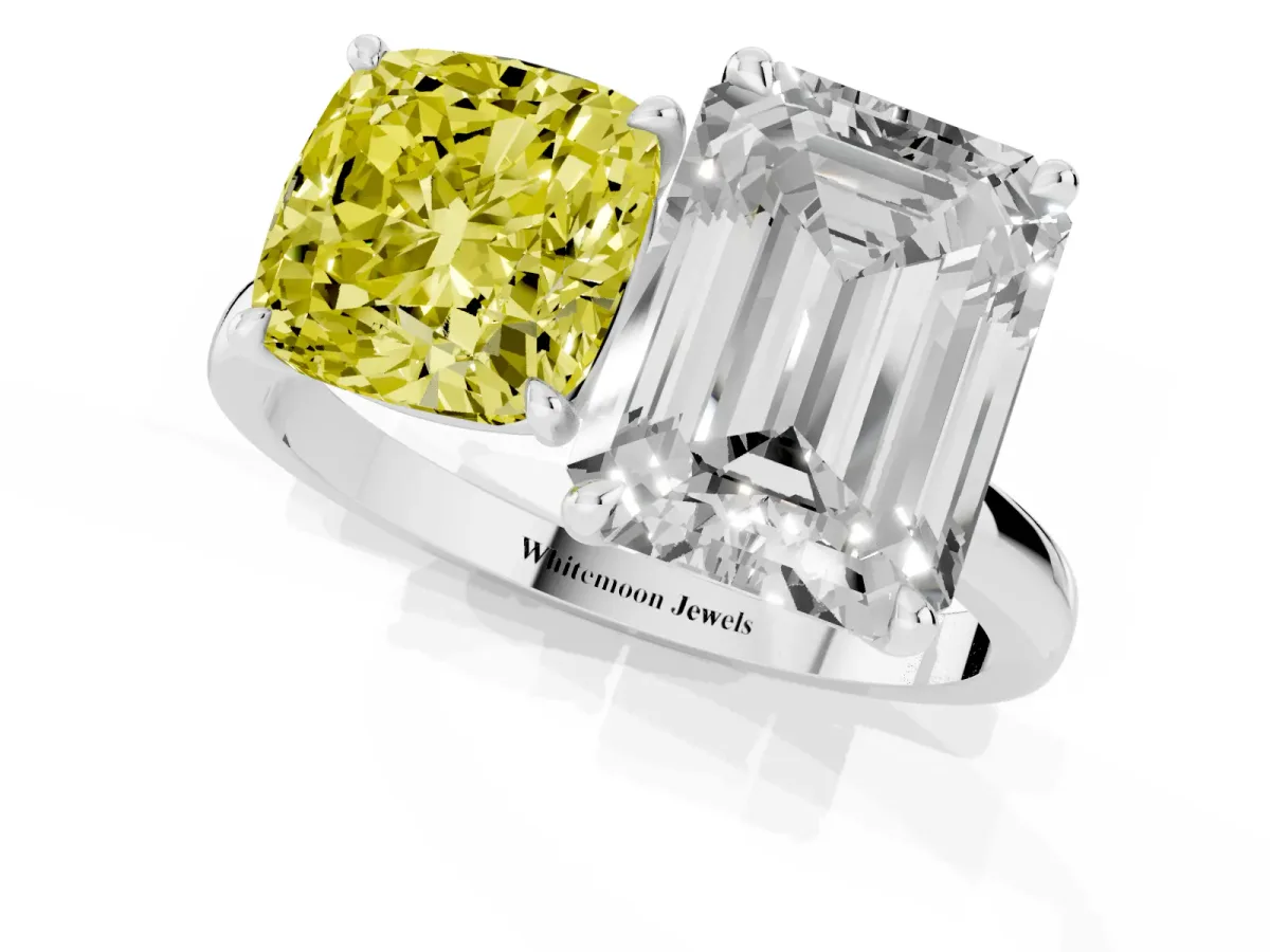 Fancy Yellow Cushion Cut and Emerald Cut Toi Moi Ring with Prong Setting Silver