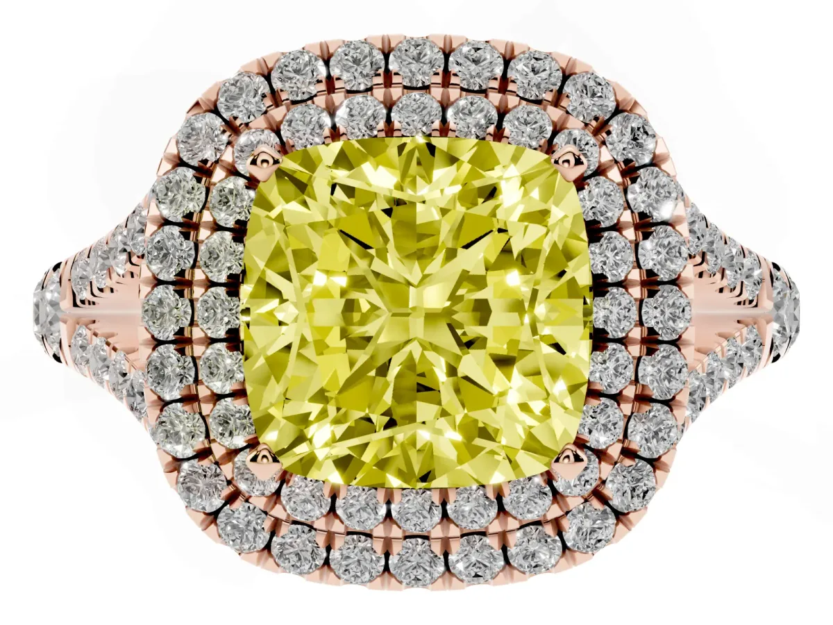 Fancy Yellow Cushion Cut Diamond Pavé Split Shank Double Halo Engagement Ring Rose gold