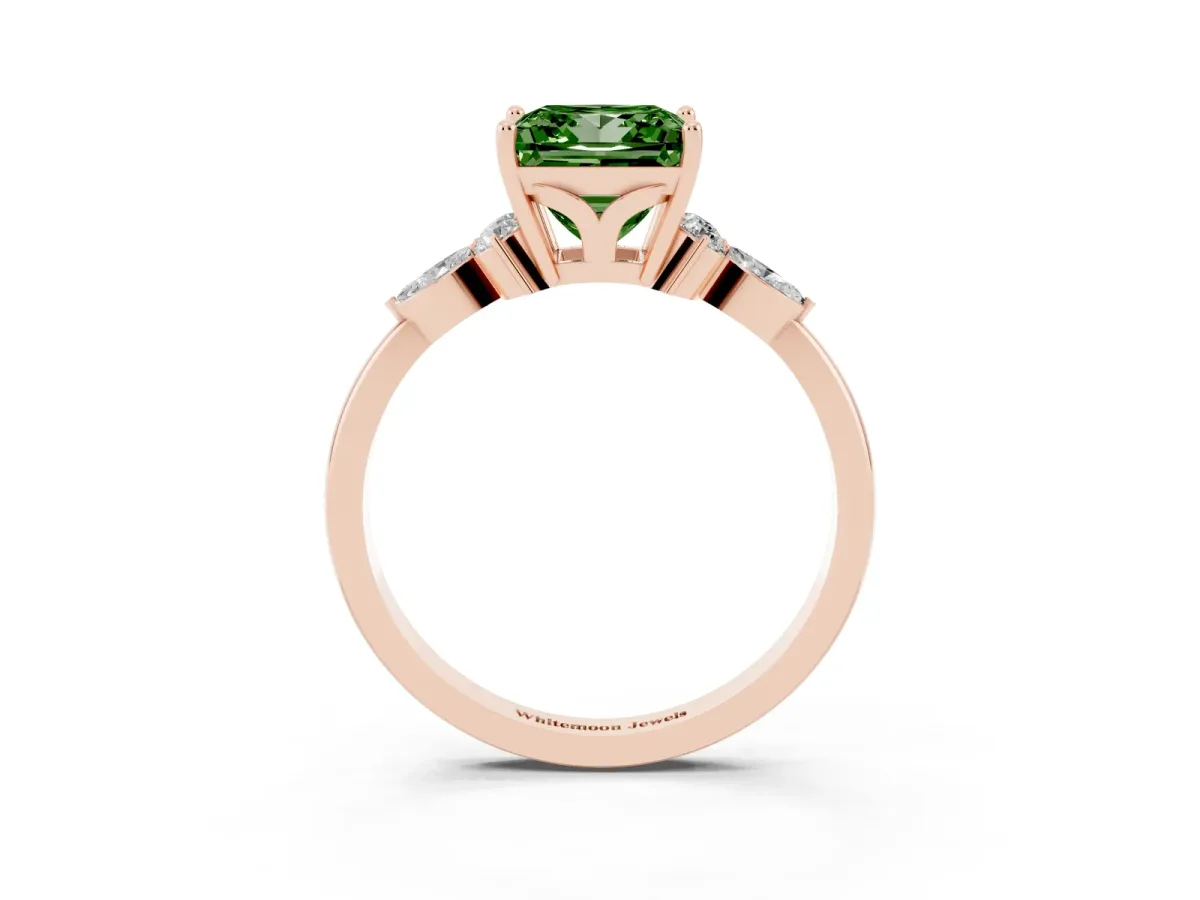 Fancy Green Princess Cut Brilliant Diamond Solitaire Ring with Pear Side Stones and Four-Prong Setting Rose gold