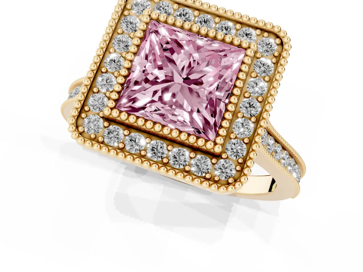 Fancy Pink Princess Cut Diamond Halo Ring with Milgrain Frame and Pavé Band Yellow gold