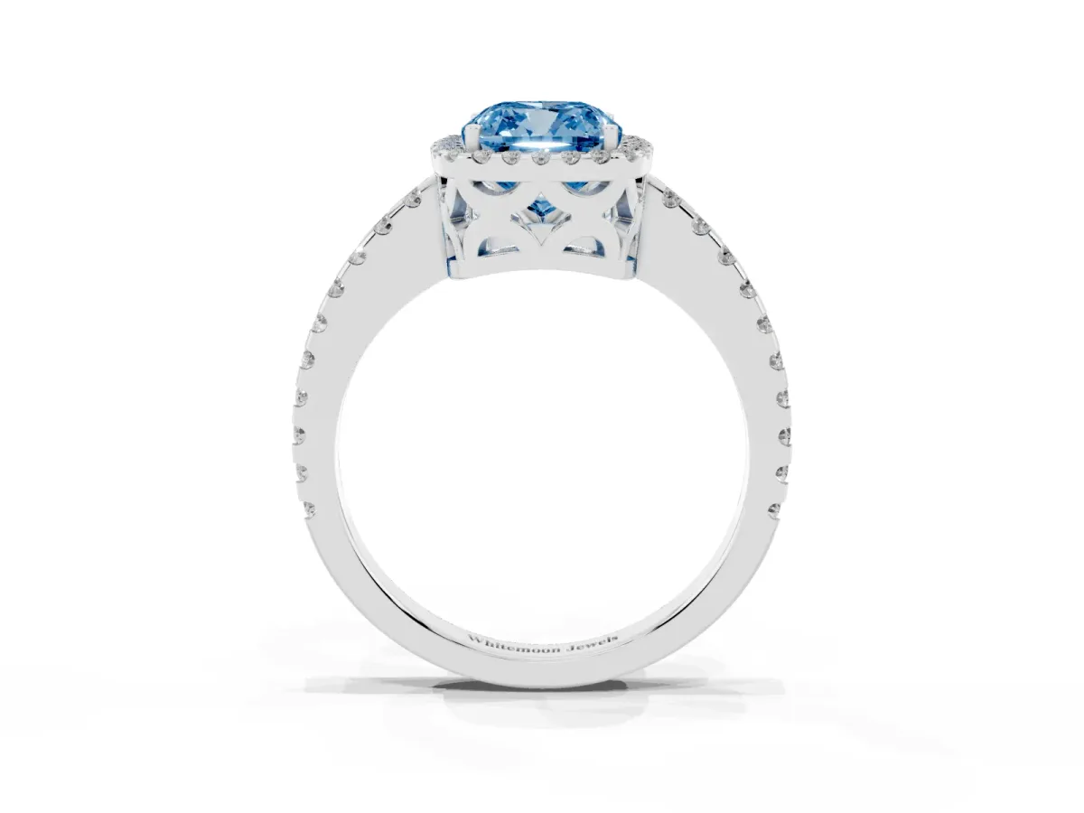 Fancy Blue Cushion Cut Diamond Halo Engagement Ring with Pavé Band and Prong Setting Platinum