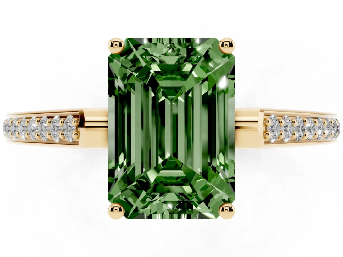 Fancy Green Emerald Cut Cut Cathedral Pave Diamond Engagement Ring with Six-Prong Setting Yellow gold